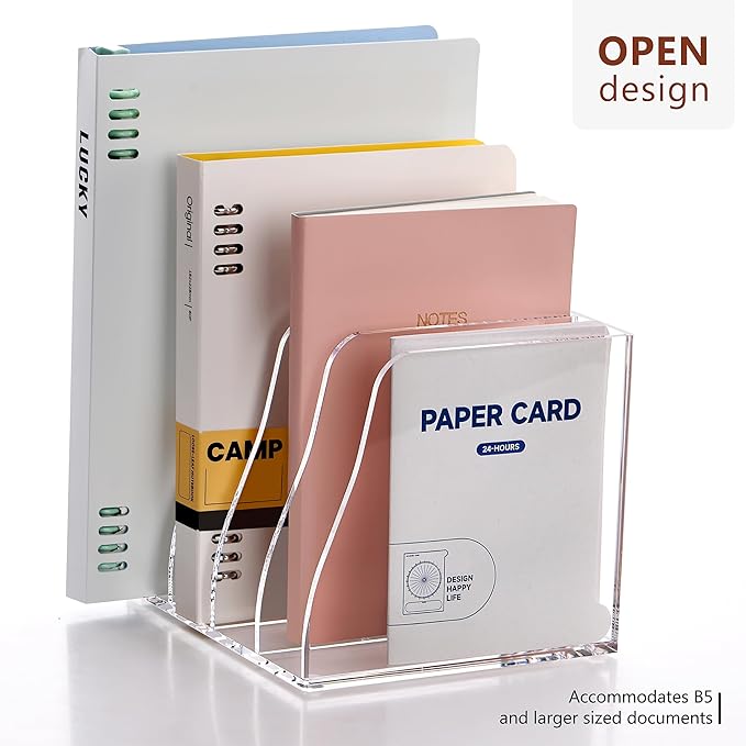 YUXUN Clear Acrylic File Folder Holder - 4 Vertical Compartments Desk Document Sorter, Upright Magazine Rack for Office/Home/Classroom, Stores Documents, Tablets, Magazines, Books & Accessories