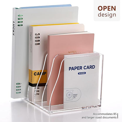 YUXUN Clear Acrylic File Folder Holder - 4 Vertical Compartments Desk Document Sorter, Upright Magazine Rack for Office/Home/Classroom, Stores Documents, Tablets, Magazines, Books & Accessories