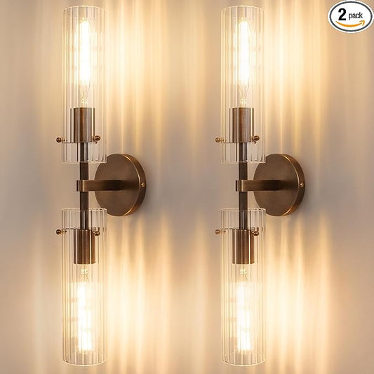 Brass Bronze 2-Light Knurled Wall Sconce, Dual-Head Vanity Lamp Set of Two with Vertical Striped Glass Tube, Bathroom Wall Sconces, Wall Lights for Living Room Bedroom Hallway Kitchen Bathroom Mirror