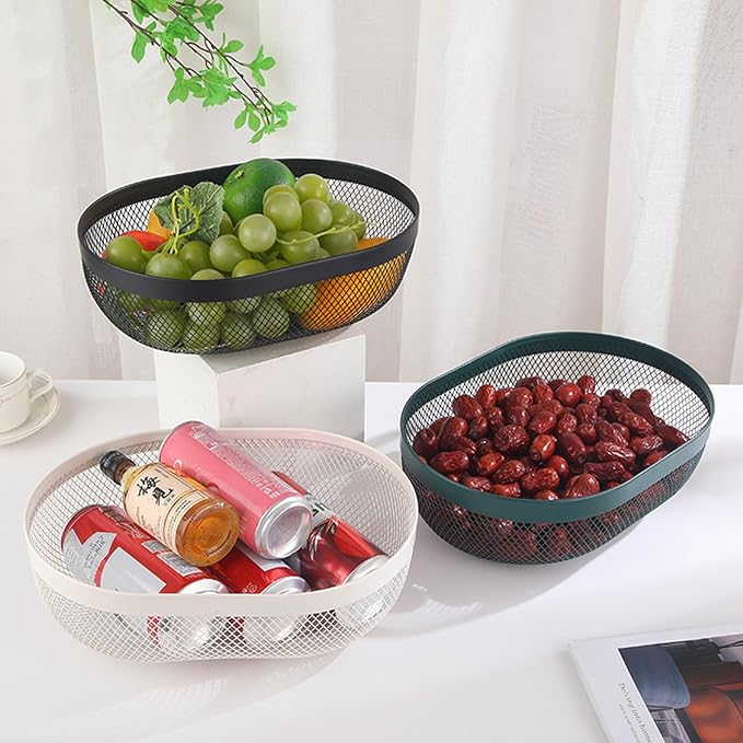 Metal Mesh Steel Basket, Oval Metal Wire Storage Organizer Baskets Multi Functional Kitchen Baskets Countertop Fruit Baskets Garden Harvest Basket for Picnic Decor Cabinet Home, Blackish Green