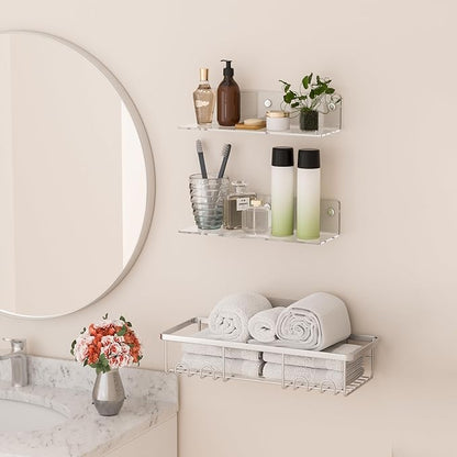 Sezanrpt 12 Inches Clear Wall Shelves, Moisture-Proof, Acrylic Bathroom Wall Shelves, Clear Floating Shelves for Bathroom, Bedroom, Living Room, Retail, 2 Pack