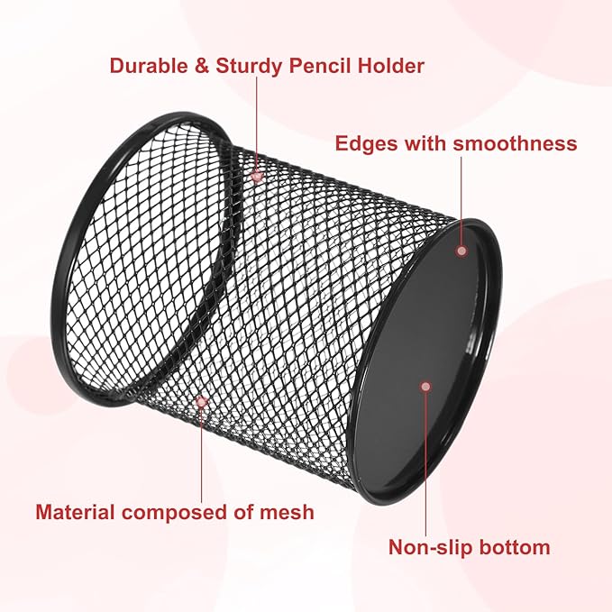 uxcell 2Pcs Mesh Pencil Holder, Metal Pen Cup Desk Organizer Makeup Brush Cup Holder for Home, Office, Classroom(Black)