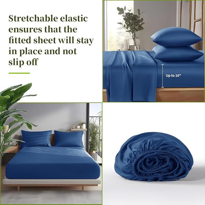 Shilucheng 100% Viscose Derived from Bamboo_ Sheets Cal King Size 4pcs - Ultra Cooling & Silky Soft Bed Sheets, 16" Deep Pocket, Perfect for Hot Sleepers, Hotel Bedding Sheets (Navy Blue)