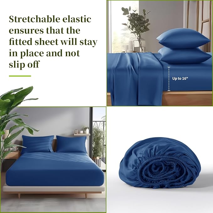 Shilucheng 100% Viscose Derived from Bamboo_ Sheets Full Size 4pcs - Ultra Cooling & Silky Soft Bed Sheets, 16" Deep Pocket, Perfect for Hot Sleepers, Hotel Bedding Sheets (Navy Blue)