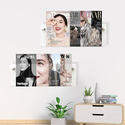 2 Pack Acrylic Magazine Holder, Wall Mounted Magazine Rack Floating Bookshelf for Waiting Room, Living Room, Office, Home (Clear, 24 Inch)