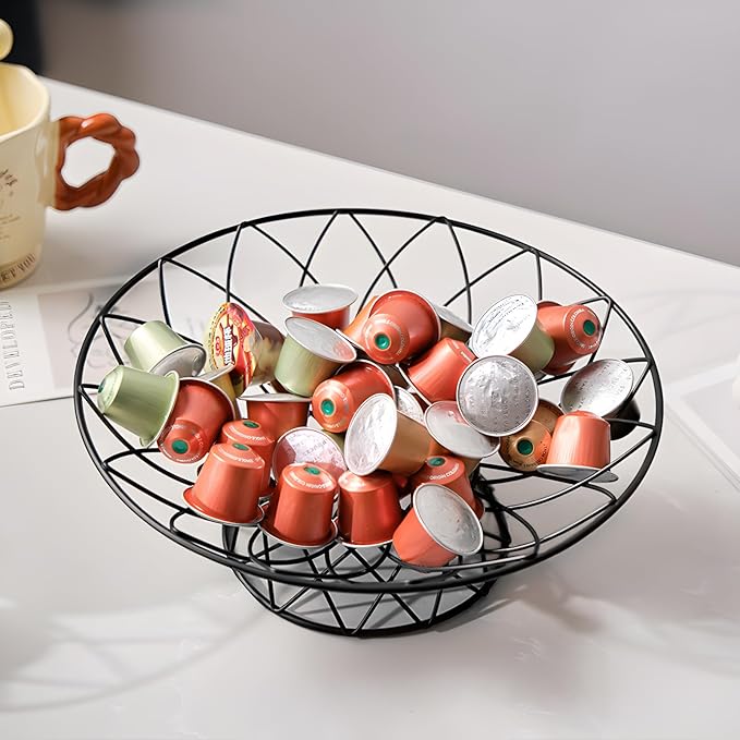 Large Metal Wire Fruit Bowl, Round Mesh Fruit Basket for Kitchen Countertop, Modern Decorative Bread Vegetable Storage Holder Organizer(Black)