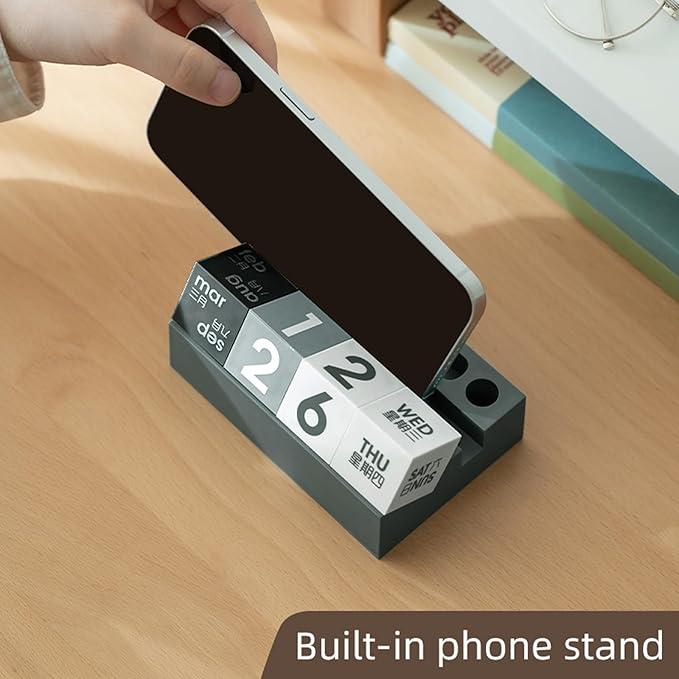 Block Calendar for Desk, Daily Desktop Perpetual Desk Calendar, Cute Date Display Blocks Desk Accessory for Home Office Decor, Teacher, Classroom, Reusable Yearly (Grey, With phone holder)