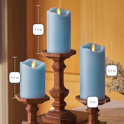 Matchless Candle Co. by Luminara Set of 3 (3" x 4.5",5.5",6.5") Flameless LED Flickering Battery Candle Moving Flame Pillar, Melted Edge, Real Wax Smooth Finish (Pastel Blue)