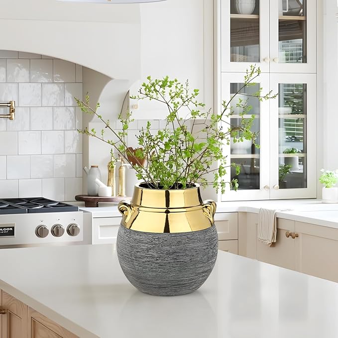 Rustic Ceramic Vase with Gold Rim and Ears – 9" Decorative Flower Vases for Living Room, Dining Table Centerpiece & Shelf Décor – Modern Farmhouse, Boho & Contemporary Home Accents