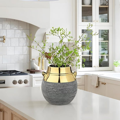 Rustic Ceramic Vase with Gold Rim and Ears – 9" Decorative Flower Vases for Living Room, Dining Table Centerpiece & Shelf Décor – Modern Farmhouse, Boho & Contemporary Home Accents