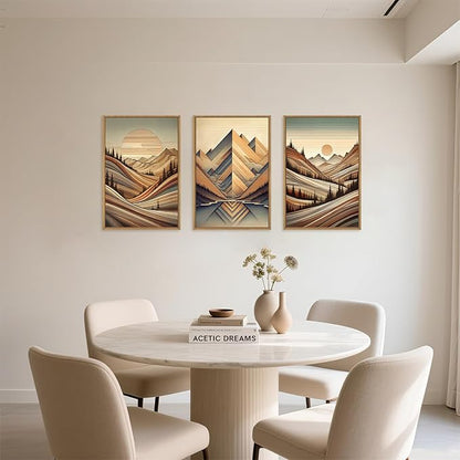 Aryroi Vintage Woodcut Style Mountain Framed Canvas Wall Art Set,Mid Century Nature Woodland Pine Tree Wall Decor,Modern Boho Brown Sunrise Forest Artwork for Living Room,Bedroom,Office- 16"x24"x3