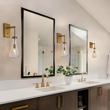 HuisMier Brass Raindrop Wall Sconces, Indoor Wall Sconces with On/Off Switch, Modern Clear Glass Wall Lamp Vanity Light Fixtures for Bathroom Bedroom Living Room Hallway, Hardwired