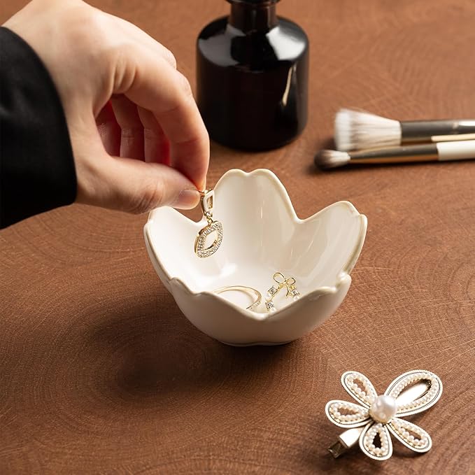 Ceramic Ring Holder Tray - Decorative Floral Trinket Bowl for Jewelry Storage & Vanity Decor(white)