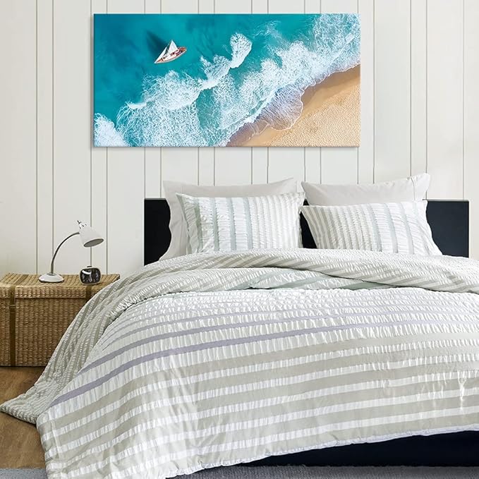 Goldfoilart Blue Ocean Sea Beach Canvas Wall Art Sailboat Painting Print on Canvas Seascape Pictures for Home Decor Living Room Bedroom Office Artwork Ready to Hang - 20"x40"