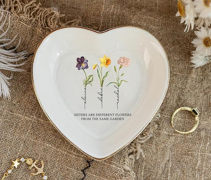 Sisters Are Different Flowers From The Same Garden Jewelry Dish, Custom Birth Month Flower Ring Dish, Birthday Christmas Gift for Sister Besties Sister-in-Law Long Distance Friendship