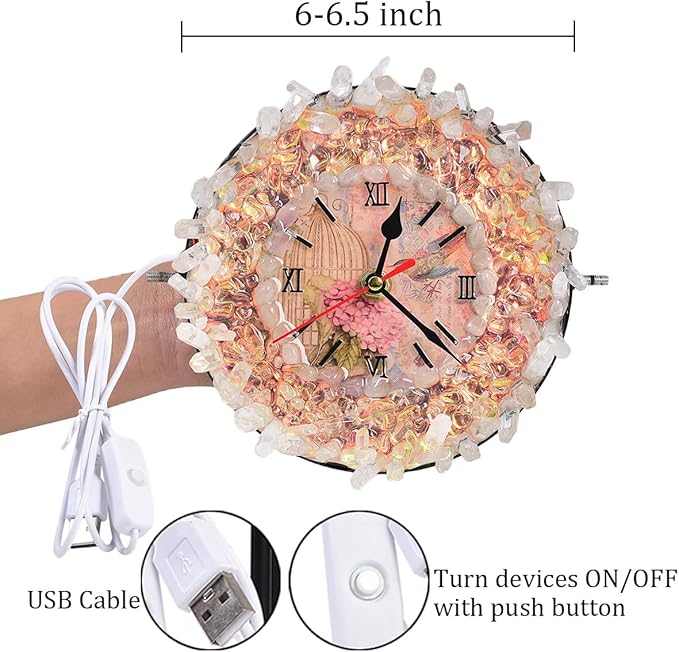 JIC Gem Clear Quartz Crystal Clock with Lamp Decorative Desk Clock USB Port Night Light Home Office Decor