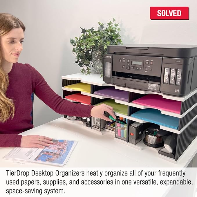 Desktop Organizer 6 Letter Tray Sorter Plus Riser Storage Base for Easy Access to Lower Slots, Desk Accessories & Supplies. Optional File Topper & Drawers