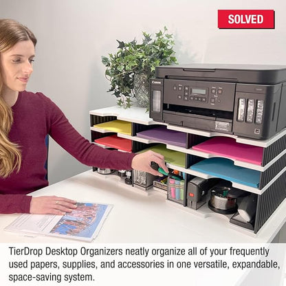 Desktop Organizer 6 Letter Tray Sorter Plus Riser Storage Base for Easy Access to Lower Slots, Desk Accessories & Supplies. Optional File Topper & Drawers