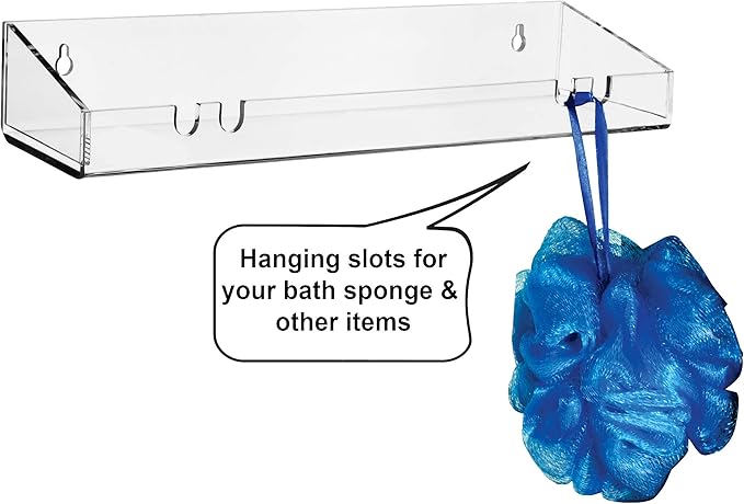 AMT 4 Pack Acrylic Floating Shelves, 15" L x 4" W, Clear Bathroom Wall Shelf, Bookshelves, Invisible Display for Office, Bedroom, Hanging Slots for Bath Sponge & Others Items, Free Screws & Drill Bit
