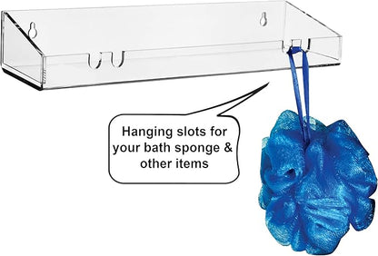 AMT 4 Pack Acrylic Floating Shelves, 15" L x 4" W, Clear Bathroom Wall Shelf, Bookshelves, Invisible Display for Office, Bedroom, Hanging Slots for Bath Sponge & Others Items, Free Screws & Drill Bit