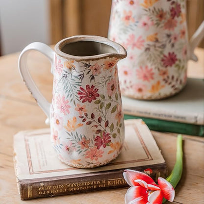 Vintage Colorful Daisy Flora Ceramic Vase with Handle, Retro Ice Glazed Crack Farmhouse Pitcher Vase for Home Decor, Living Room, Shelf, Office, Rustic Table Centerpiece 7 Inch