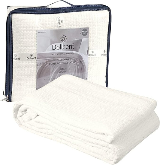 DOLLCENT 100% Cotton California King Size Blanket for Bed, Premium Combed Lightweight Blankets, Washed Breathable Bed Throw Blanket, Ivory Cal King Cotton Blankets for All Season: Ivory (102"x108")