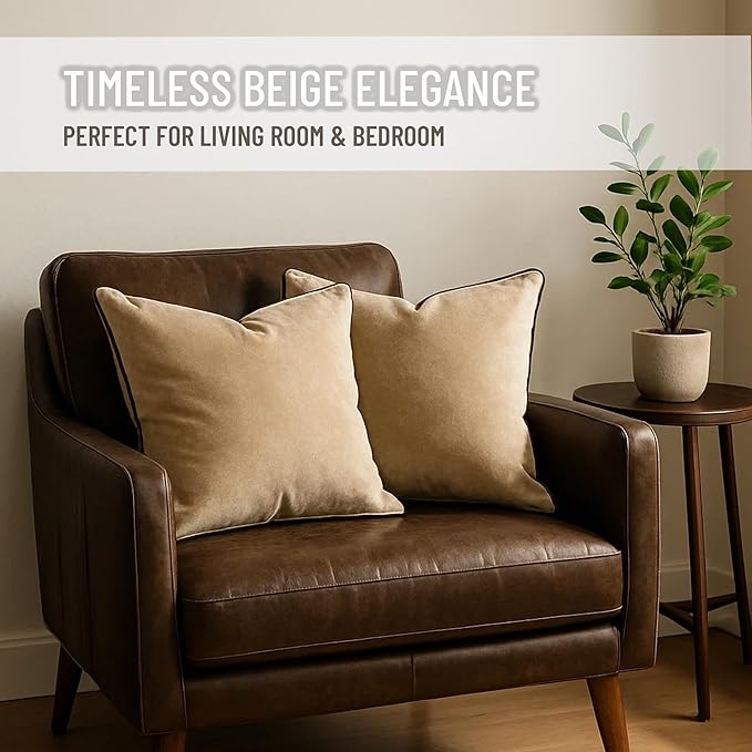 2 Pack Velvet Decorative Throw Pillow Covers, 18"x18", Beige and Brown, Solid, Modern, Contrast Piping, Indoor Use, Bedroom & Living Room