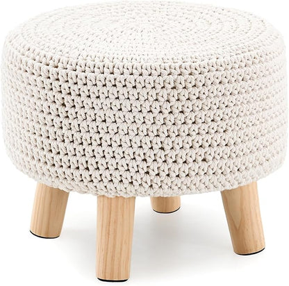 Boho Ottoman Foot Stool Cotton Knitted Round Pouf Ottoman Foot Rest Stool with Non-Skid Wooden Legs Step Stool Padded Seat for Living Room White