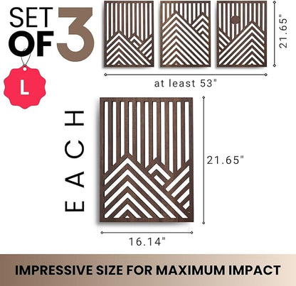 qmmp Modern Wooden Wall Sculptures - Set of 3 - Home Decor Accent - Large Wall Art for Living Room, Bedroom, Office - Easy Installation (Walnut, Large - Mountain and Sun, Unframed)