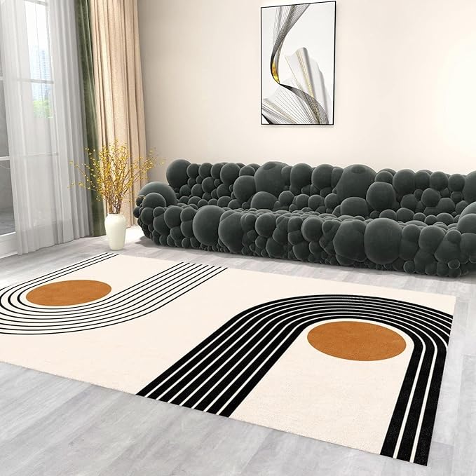 Mid Century Geometric Art Area Rugs, Nordic Boho Lines Orange Geometric Rug, Indoor Non-Slip Kids Rugs, Machine Washable Breathable Durable Carpet for Front Entrance Floor Decor,3 x 5ft
