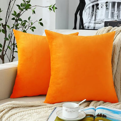 Jeneoo Comfy Soft Thick Fall Velvet Throw Pillow Covers for Sofa Couch, Decorative Solid Square Cushion Cases for Bedroom Car (Orange Yellow, 18 x 18 Inches, 2 Pieces)