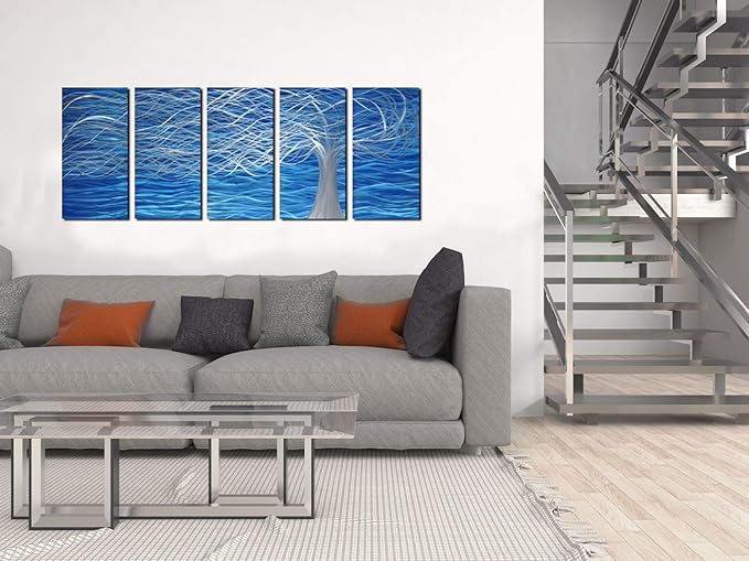 MyArton Unique Metal Wall Sculpture, Metal Wall Art with Tree Painting Design, Abstract Modern and Contemporary Décor, Aluminum Blue Artwork, Indoor and Outdoor decoration, 5 panels 64"Wx24"H