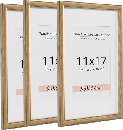 Heimlove 11x17 Picture Frame,11 x 17 Solid White Oak Photo Frame Matted to 8x12 with Tempered Glass,11"x14" Handcrafted wood Poster Frame,Vertical or Horizontal Wall Hanging Display,3 Pack