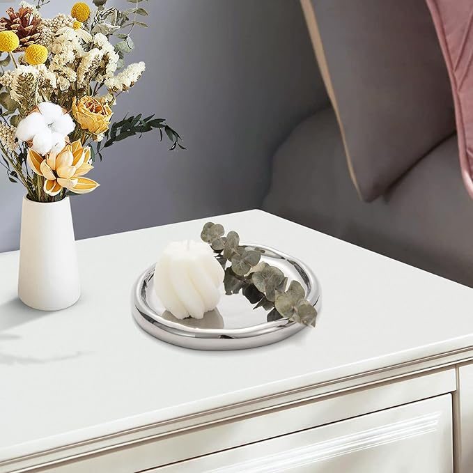 Silver Ceramic Round Jewelry Tray, Classic Round-Shaped Trinket Dish for Rings/Earrings/Keys/Perfume, Minimalist Vanity Tray & Key Tray Organizer, Gift for Mother’s Day/Birthday/Christmas