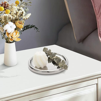 Silver Ceramic Round Jewelry Tray, Classic Round-Shaped Trinket Dish for Rings/Earrings/Keys/Perfume, Minimalist Vanity Tray & Key Tray Organizer, Gift for Mother’s Day/Birthday/Christmas