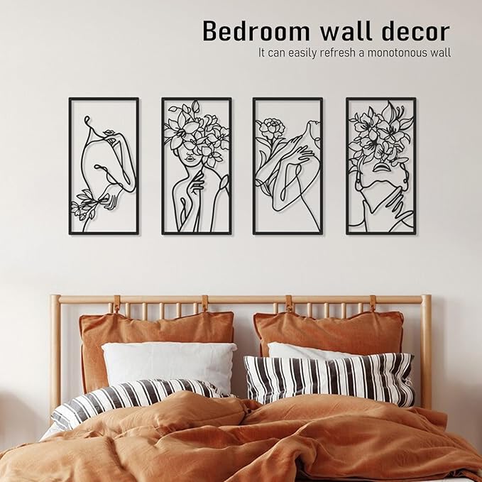 Bakovity Black Metal Wall Decor, Abstract Woman Wall Art, Minimalist Line Decor, Modern Aesthetic Metal Wall Art for Bedroom Bathroom Living Room (4 Pcs, 17 x 9 in)
