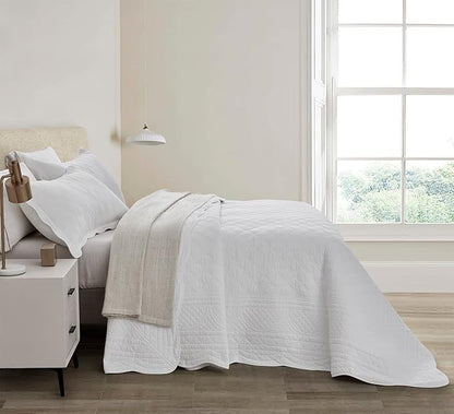 CHIXIN Cotton Bedspread Full Size - Real Stitching - Luxury Quilted Bedding Cover for All Season, Reversible, Ultra Soft, Lightweight, 3 Piece, Pure White