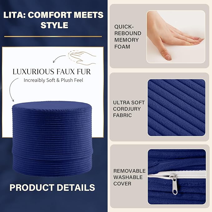 LITA Round Stuffed Pouf Ottoman, Corduroy Poufs with High-Density Foam Filling and Washable Cover, Furry and Fluffy Bean Bag Foot Stools Ottoman for Living Room, Bedroom, Office, Navy Blue