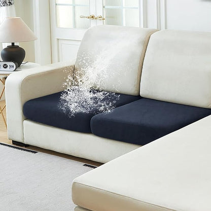 NAISI Waterproof Couch Cushion Covers Thick Velvet Fabric Washable Sofa Slipcovers 2 Pieces Individual Sectional Couch Covers with Elastic Bottom(2 Pcs for 2-Seat or Backrest,Navy)