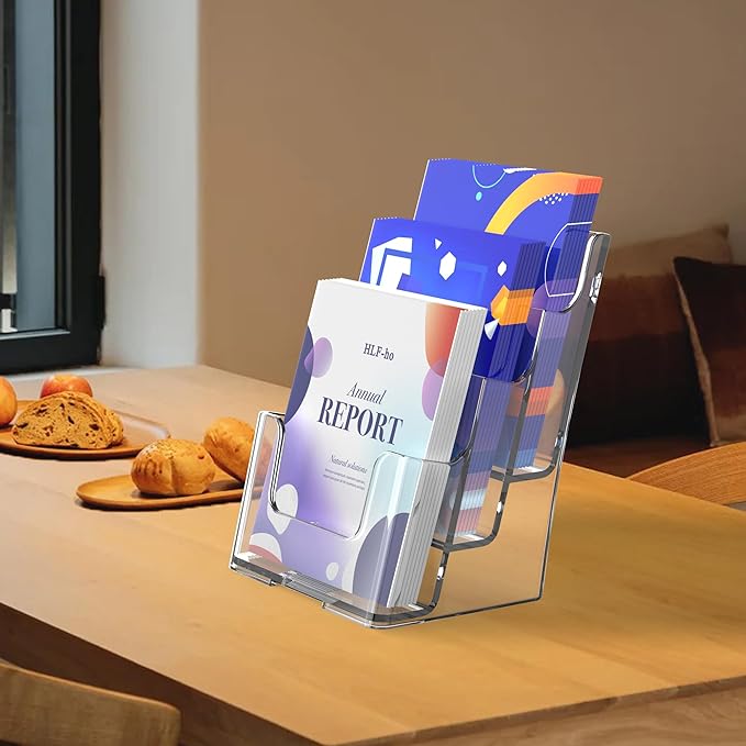 Brochure Holder 6x8 Inch 3 Tier Acrylic Literature Holders Clear Plastic Flyer Display Stand Countertop Use or Wall Mount Pamphlet Holder Organizer for Office, Lobby, Hotel, Trade Show, 1 Pack