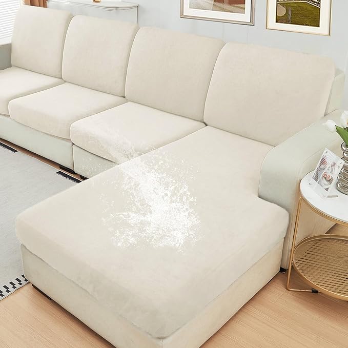 NAISI Waterproof Couch Cushion Covers Thick Velvet Fabric Washable Sofa Slipcovers Sectional Couch Covers for 4 Pieces Separate L Shape Couch Cover with Elastic Bottom(3 Seater + 1 Chaise,Ivory)