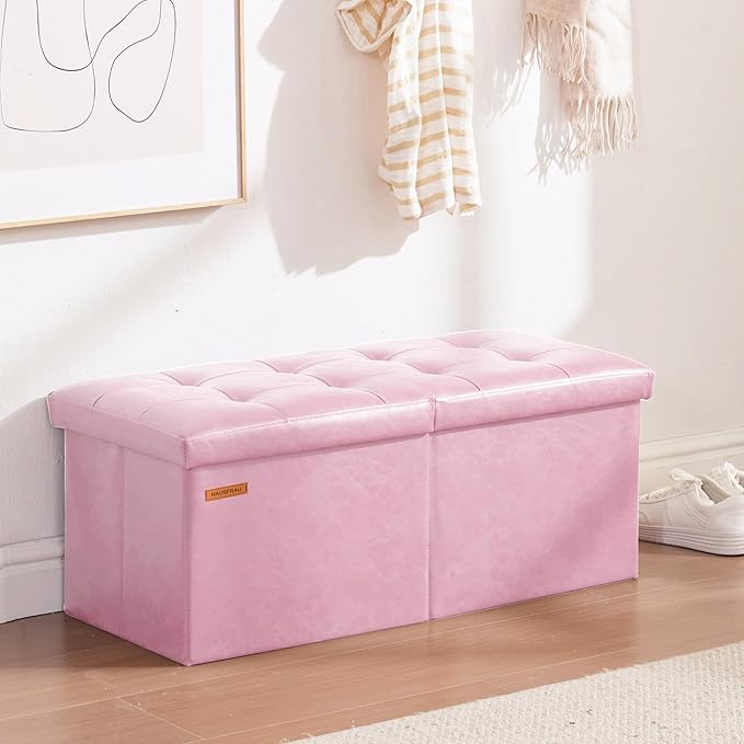 HAUSFRAU 31.5 Inches Ottoman with Storage Bench, Folding Ottoman Bench Small Foot Rest Stool, Bedroom Bench with Flipping Lid, Faux Leather Pink