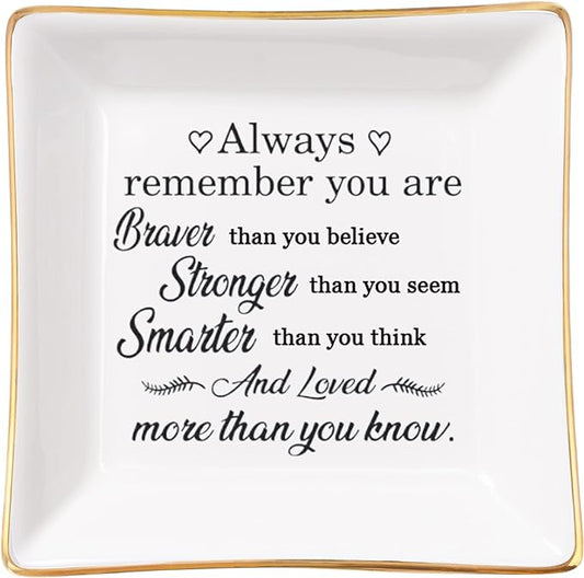 Inspirational Gifts for Women Trinket Dish with Positive Quotes - Always Remember You are Braver Stronger Smarter Than You Think, Motivational Gifts for Women Encouragement Cheer Up Gift