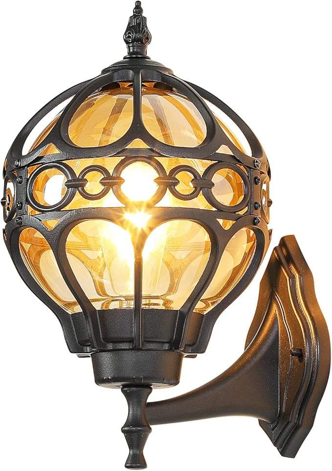 Outdoor Wall Lights, Black Globe Porch Light, Spherical Aluminum Exterior Lighting Fixtures for Patio Yard Doorway Garage, Anti-Rust Waterproof Globe Outside House Lantern Wall Mount with Amber Glass