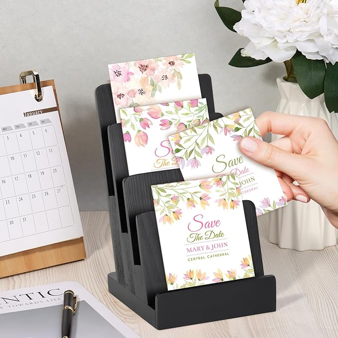 4 Tier Wood Brochure Display Stand 6 x 9 inch Black Brochure Holder Pamphlet Display Stand for 5.5 x 8.5 inch 5 x 7 inch Booklets Menus Postcard Holder Multi Purpose Organizer