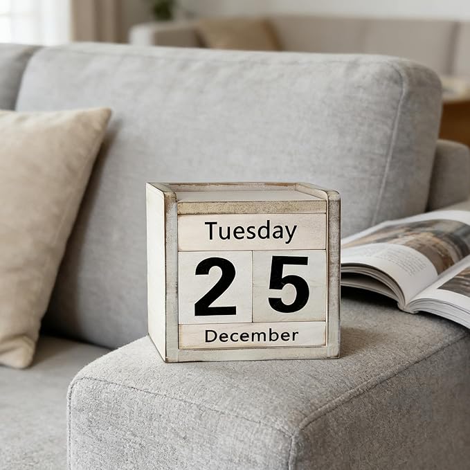 Rustic Wooden Perpetual Block Calendar Daily Desk Calendar for Coffee Table Decor Teachers Students Classroom Office Accessories Farmhouse Entryway Bookshelf Decoration