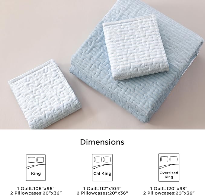 Litanika Quilt King Size Pale Blue, Stripe Patchwork Summer Bedspread Coverlet 3 Pieces, Soft Lightweight Microfiber Quilted Bedding Set for All Season(1 Quilt, 2 Pillowcases)