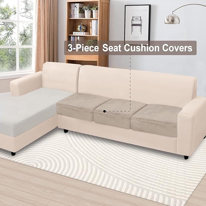 NAISI Couch Cushion Covers 3 Pieces Velvet Stretch Sofa Seat Covers or Backrest Covers Soft Individual Couch Covers for Sectional Sofa(3 Pcs for 3-Seat Cushion,Taupe)