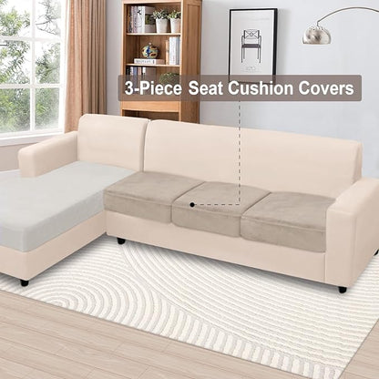 NAISI Couch Cushion Covers 3 Pieces Velvet Stretch Sofa Seat Covers or Backrest Covers Soft Individual Couch Covers for Sectional Sofa(3 Pcs for 3-Seat Cushion,Taupe)