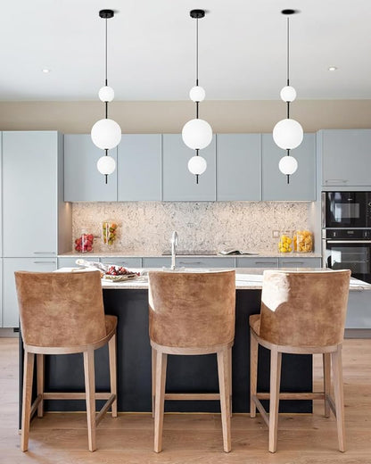 Modern Kitchen Island Pendant Lights, White Acrylic Globe Chandeliers, Dimmable Black LED Pendant Lights, Adjustable Indoor Hanging Light Fixture for Dining Room Bedroom Living Room